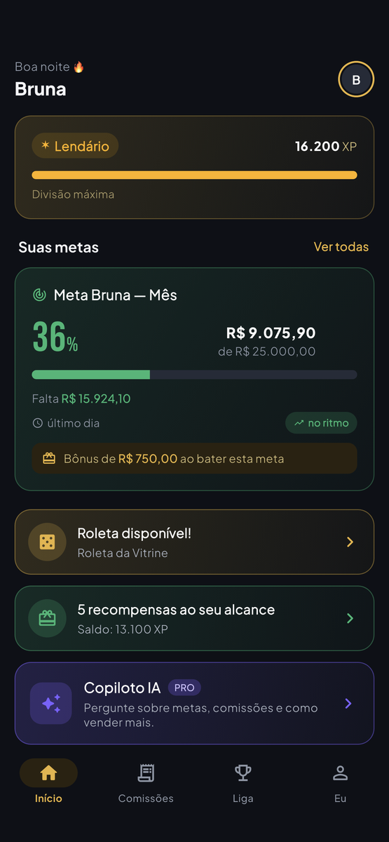 App do vendedor da Liga das Vendas no celular, mostrando a divisão Lendário, o XP e o progresso da meta do mês.